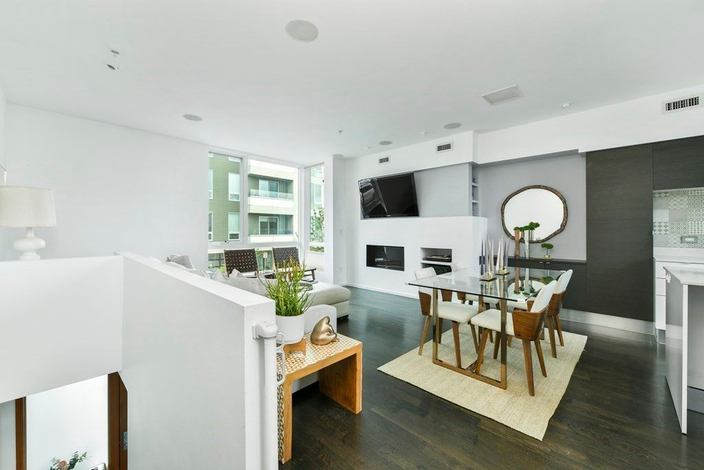 Dining room, Fireplace, Interior, Living room, Recessed Lighting, Wood Texture Flooring