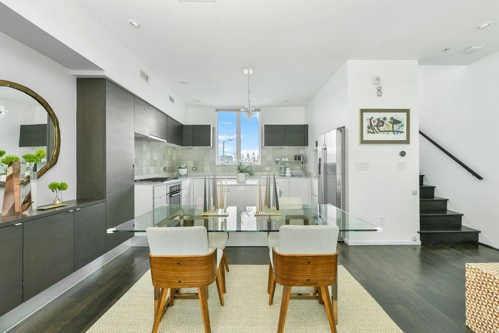 Dining room, Interior, Kitchen, Pendant Lights, Recessed Lighting, Stainless Steel Appliances, Wood Texture Flooring