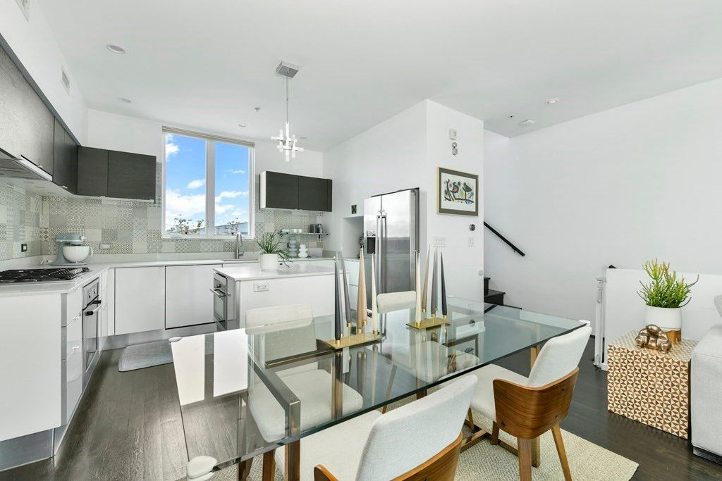 Dining room, Interior, Kitchen, Pendant Lights, Recessed Lighting, Stainless Steel Appliances, Wood Texture Flooring
