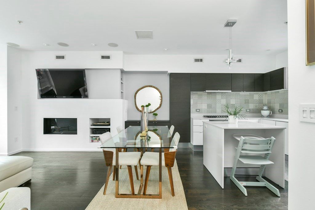 Dining room, Fireplace, Interior, Kitchen, Pendant Lights, Recessed Lighting, Wood Texture Flooring