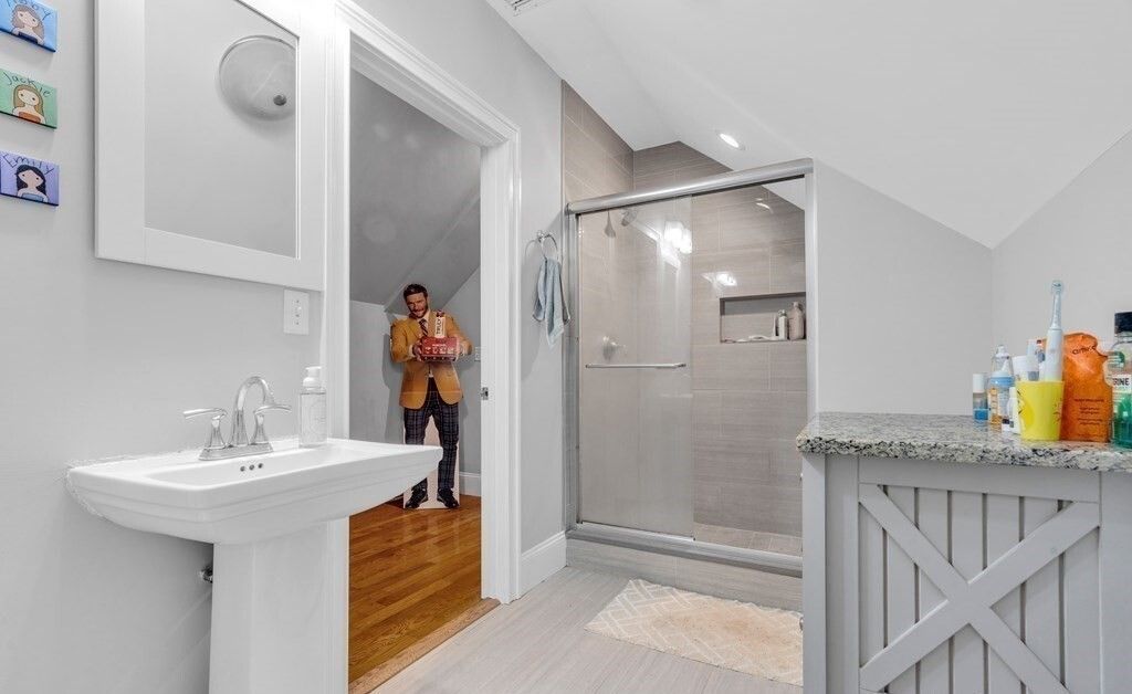 Bathroom, Glass Shower, Interior, Recessed Lighting, Wood Texture Flooring