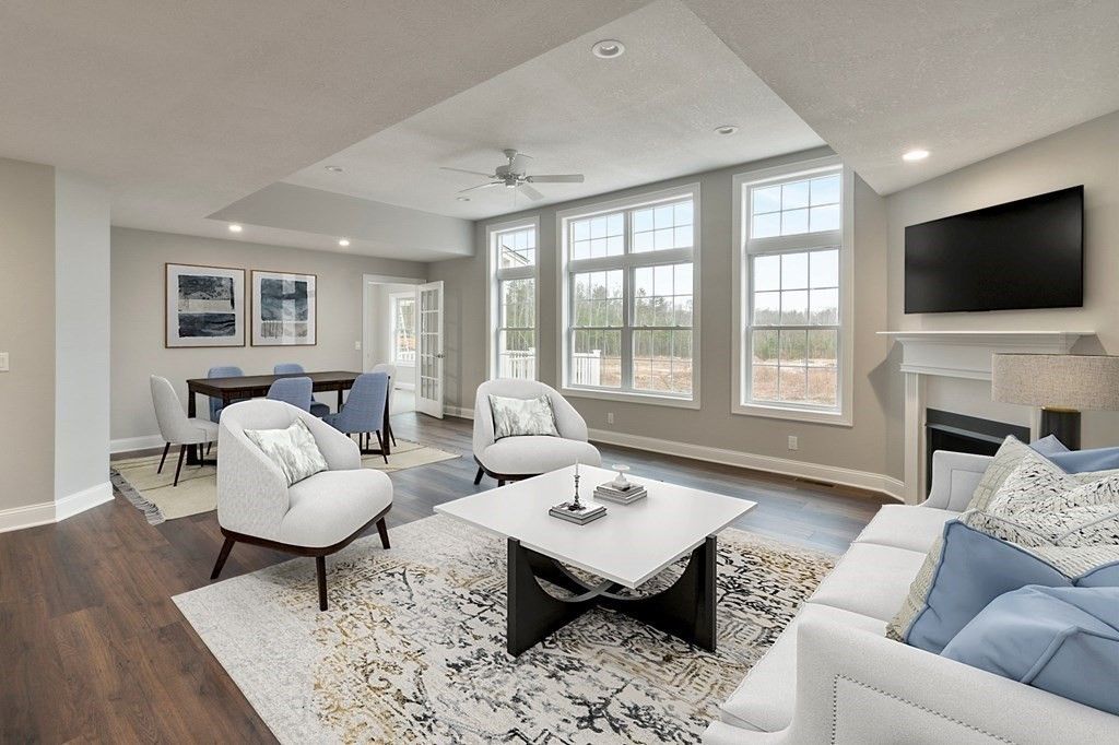 Dining room, Fireplace, Interior, Living room, Recessed Lighting, Wood Texture Flooring