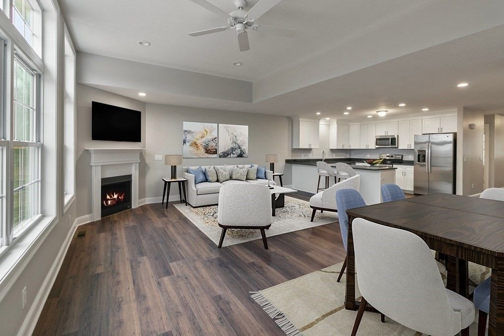 Dining room, Fireplace, Interior, Kitchen, Living room, Recessed Lighting, Stainless Steel Appliances, Wood Texture Flooring