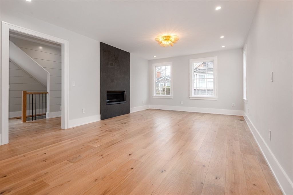 Empty room, Fireplace, Interior, Recessed Lighting, Wood Texture Flooring