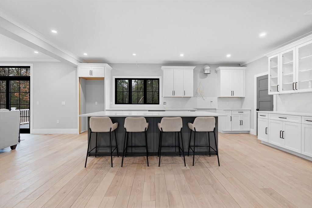 Interior, Kitchen, Marble Walls, Recessed Lighting, Wood Texture Flooring