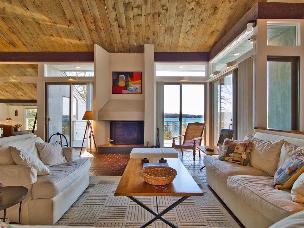 Fireplace, Interior, Living room, Water, Wooden Ceilings, Wood Texture Flooring