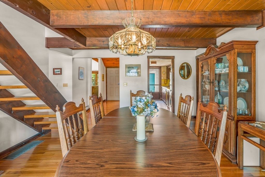 Chandelier, Dining room, Interior, Wooden Beams, Wooden Ceilings, Wood Texture Flooring