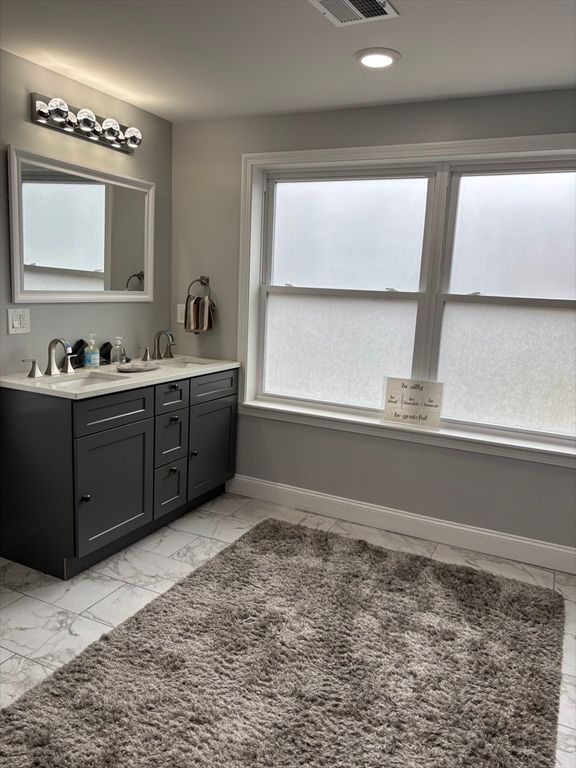 Bathroom, Dual Sink Vanities, Interior, Marble, Recessed Lighting