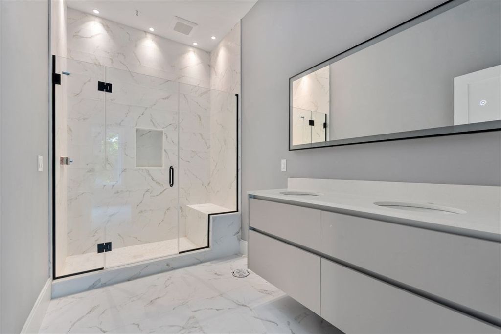Bathroom, Glass Shower, Interior, Marble, Marble Walls, Recessed Lighting