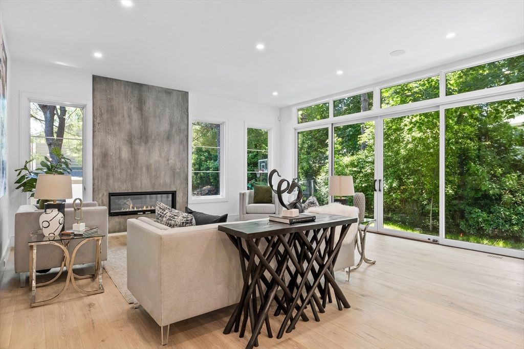 Fireplace, Home Office, Interior, Living room, Recessed Lighting, Wood Texture Flooring