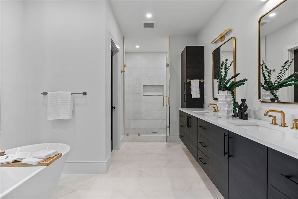 Bathroom, Dual Sink Vanities, Free Standing Baths, Glass Shower, Interior, Marble, Recessed Lighting
