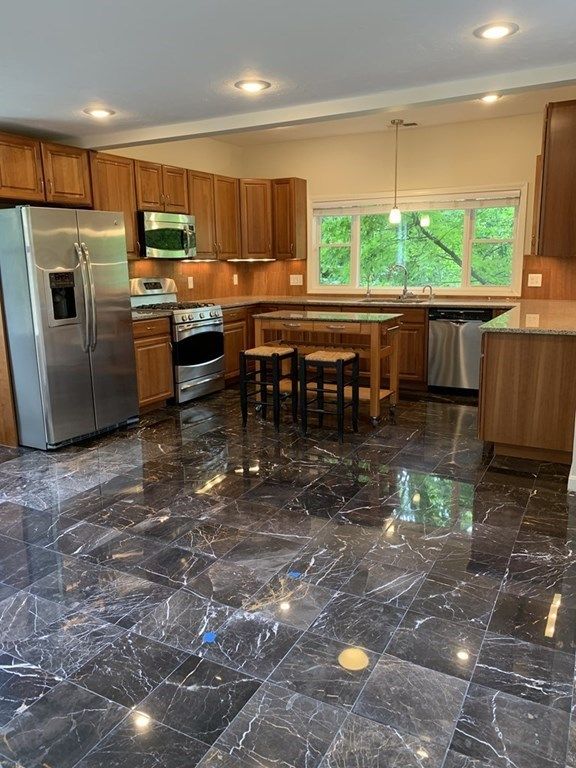 Interior, Kitchen, Marble, Pendant Lights, Recessed Lighting, Stainless Steel Appliances