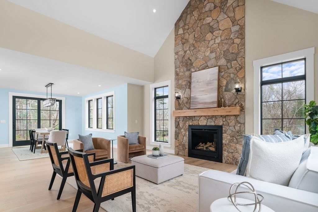 Dining room, Fireplace, Interior, Living room, Pendant Lights, Recessed Lighting, Stone Walls, Wood Texture Flooring