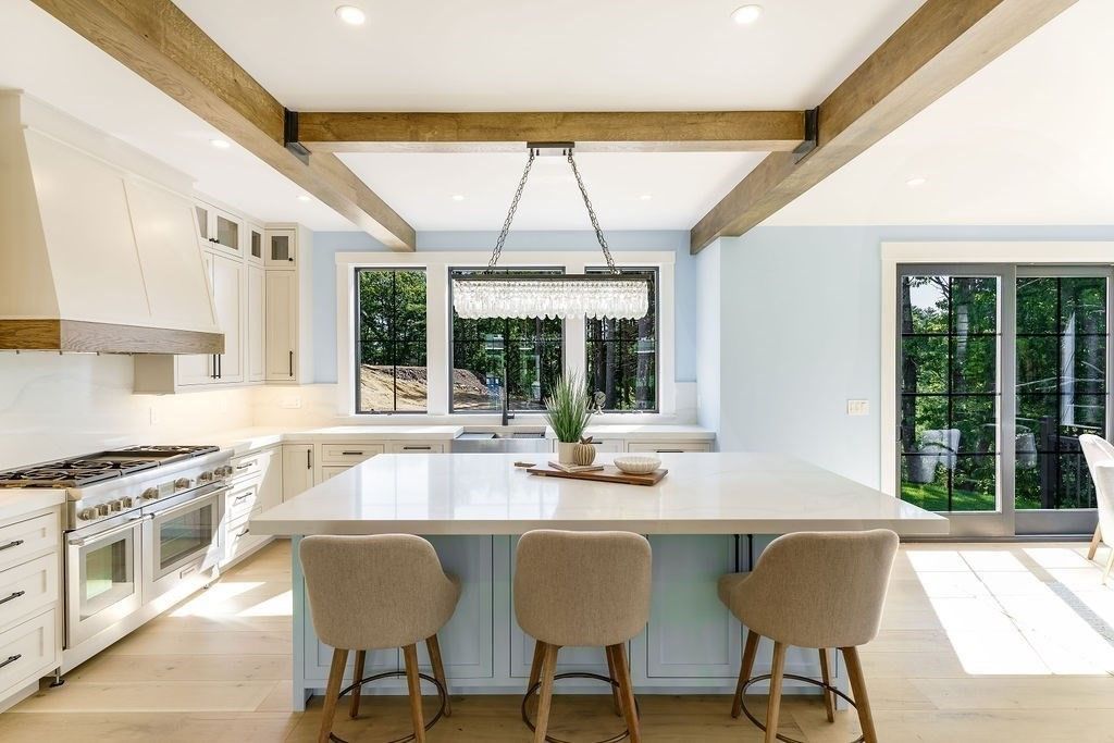 Chandelier, Interior, Kitchen, Recessed Lighting, Stainless Steel Appliances, Wooden Beams, Wood Texture Flooring