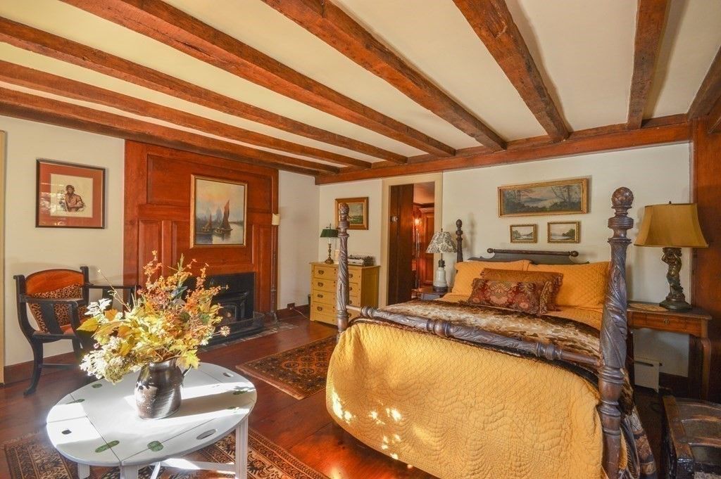 Bedroom, Fireplace, Interior, Wooden Beams, Wood Texture Flooring