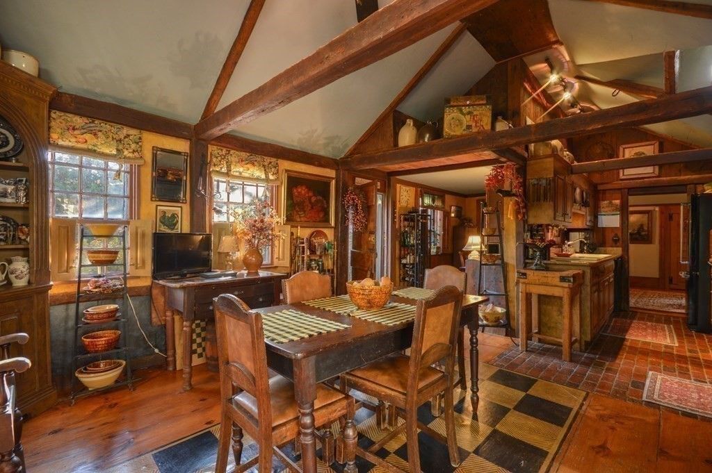 Dining room, Fireplace, Interior, Wooden Beams, Wood Texture Flooring