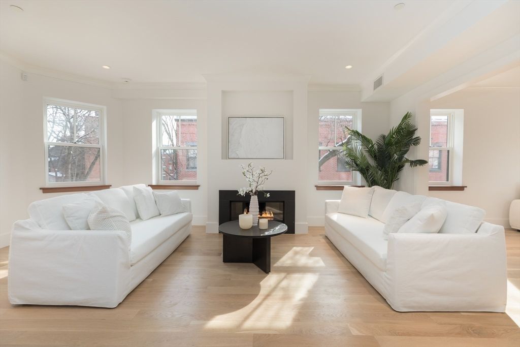 Fireplace, Interior, Living room, Recessed Lighting, Wood Texture Flooring