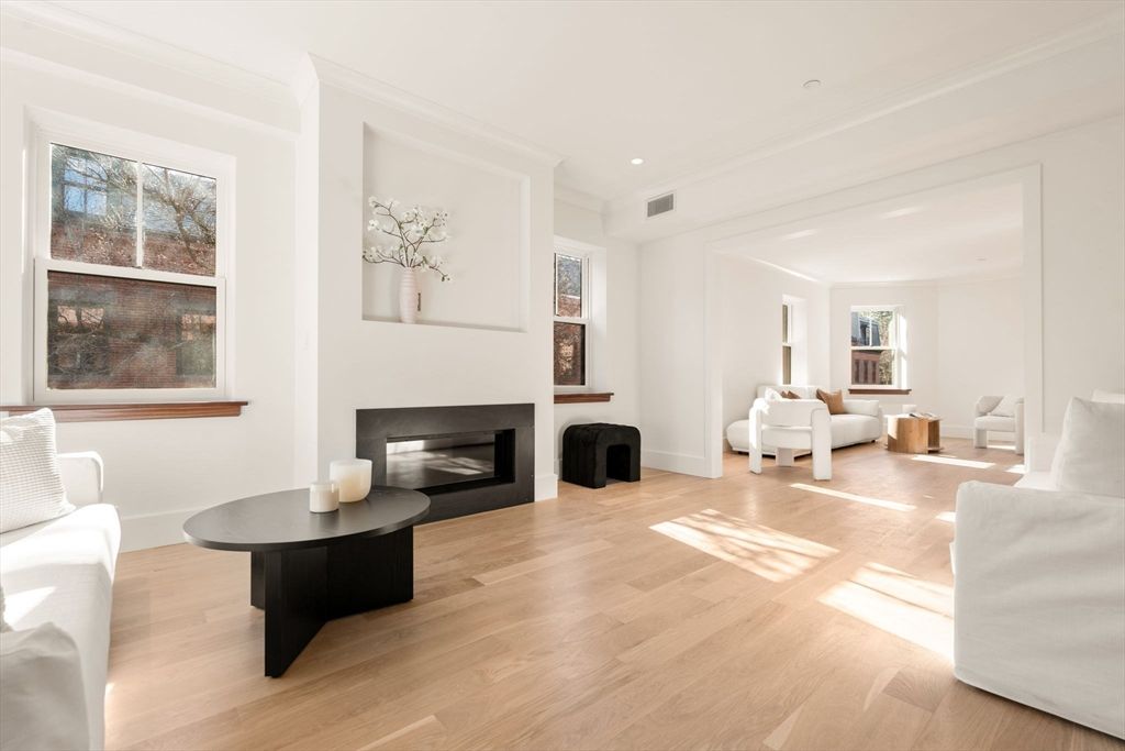 Fireplace, Interior, Living room, Recessed Lighting, Wood Texture Flooring