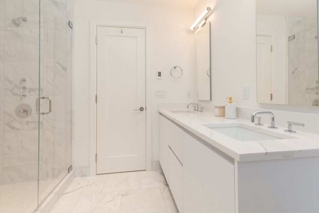 Bathroom, Dual Sink Vanities, Glass Shower, Interior, Marble, Marble Walls
