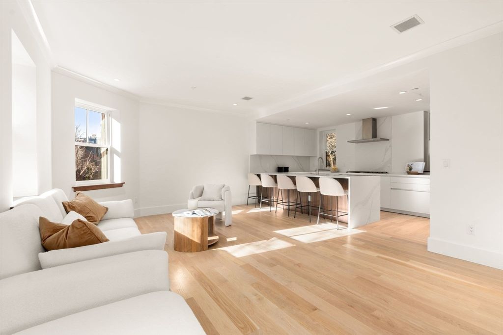 Interior, Kitchen, Living room, Marble Walls, Recessed Lighting, Wood Texture Flooring