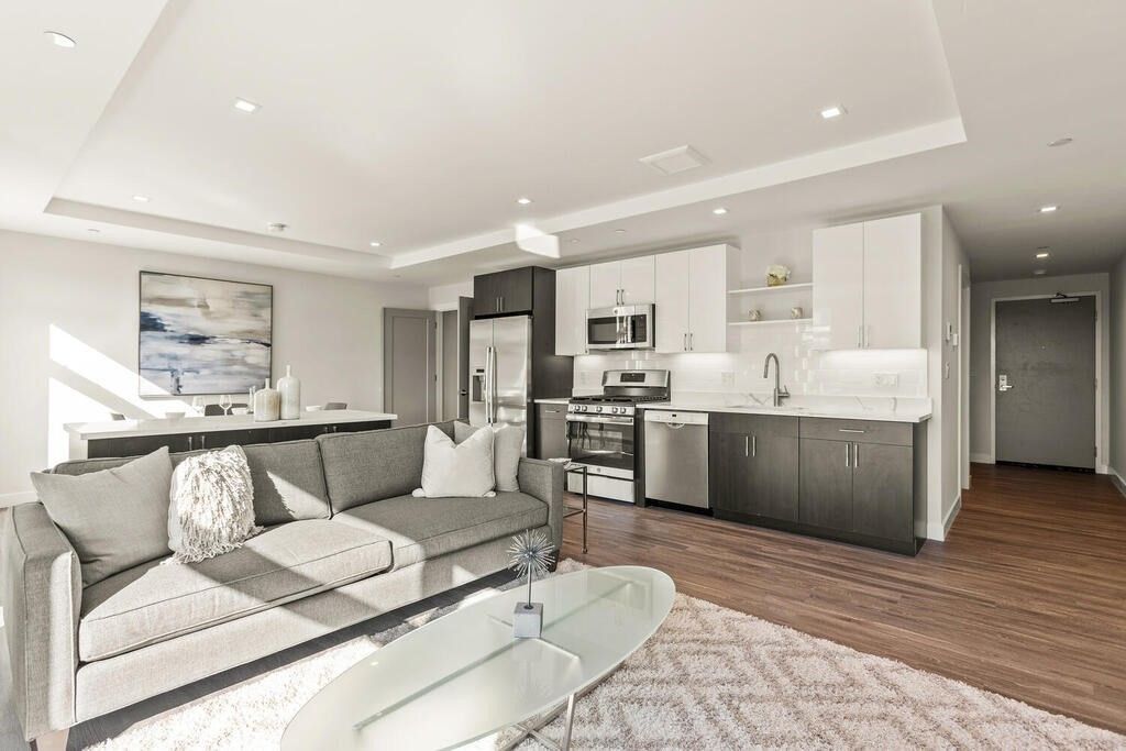 Interior, Kitchen, Living room, Recessed Lighting, Stainless Steel Appliances, Wood Texture Flooring
