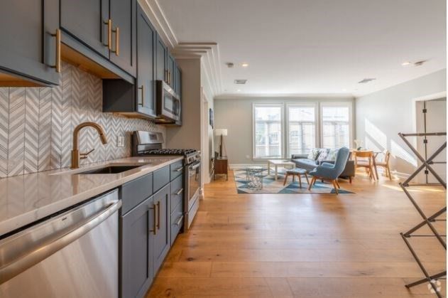Dining room, Interior, Kitchen, Living room, Recessed Lighting, Stainless Steel Appliances, Wood Texture Flooring