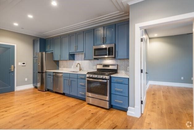 Interior, Kitchen, Recessed Lighting, Stainless Steel Appliances, Wood Texture Flooring