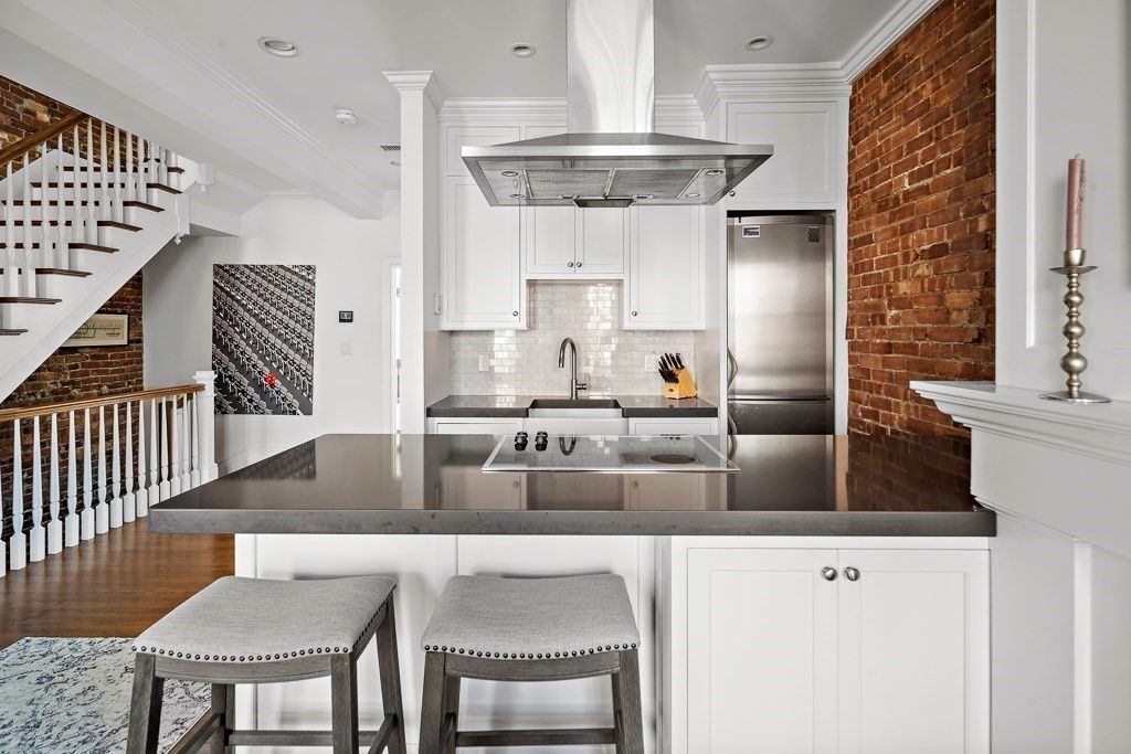 Interior, Kitchen, Recessed Lighting, Stainless Steel Appliances, Stone Walls, Wood Texture Flooring