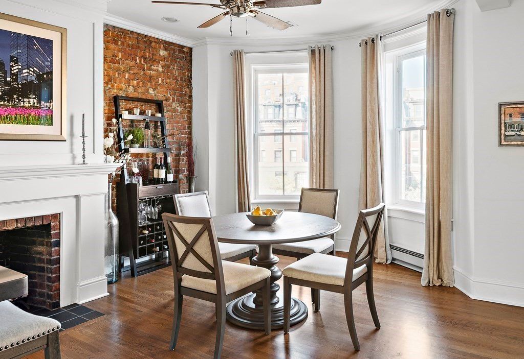 Dining room, Fireplace, Interior, Stone Walls, Wood Texture Flooring
