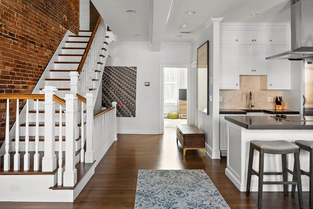 Interior, Kitchen, Recessed Lighting, Stone Walls, Wood Texture Flooring