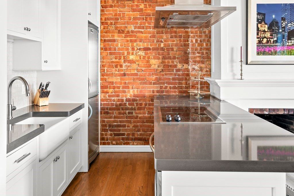 Interior, Kitchen, Stainless Steel Appliances, Stone Walls, Wood Texture Flooring