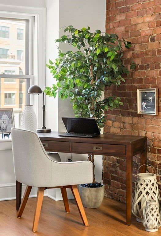 Home Office, Interior, Stone Walls, Wood Texture Flooring