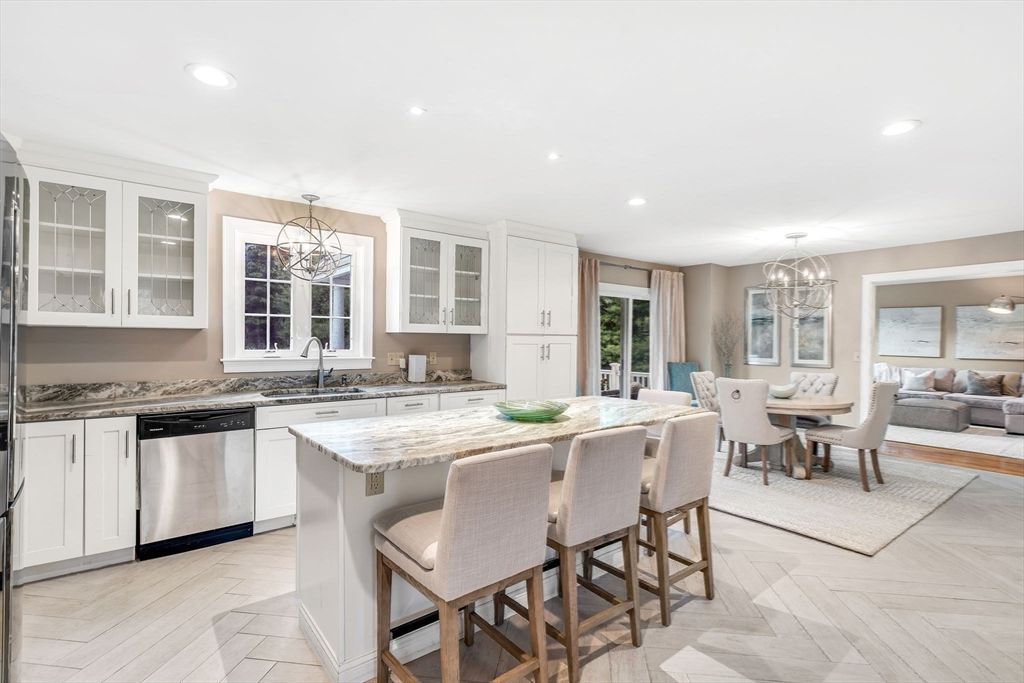 Chandelier, Dining room, Interior, Kitchen, Living room, Recessed Lighting, Stainless Steel Appliances, Water, Wood Texture Flooring