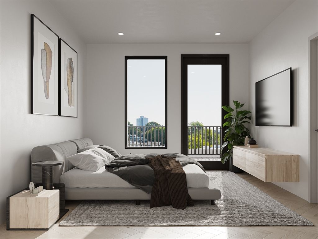 Bedroom, Interior, Recessed Lighting, Wood Texture Flooring