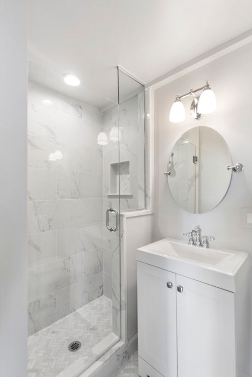Bathroom, Glass Shower, Interior, Marble Walls, Recessed Lighting