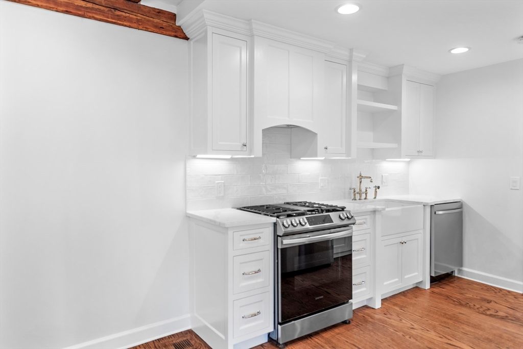 Interior, Kitchen, Recessed Lighting, Stainless Steel Appliances, Wooden Beams, Wood Texture Flooring