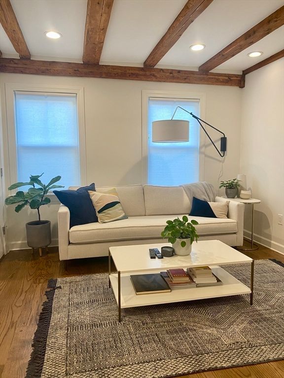 Interior, Living room, Recessed Lighting, Wooden Beams, Wood Texture Flooring