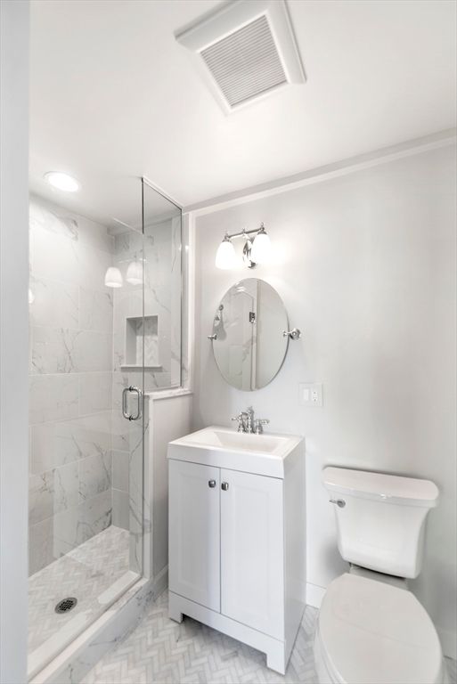 Bathroom, Glass Shower, Interior, Marble, Marble Walls, Recessed Lighting
