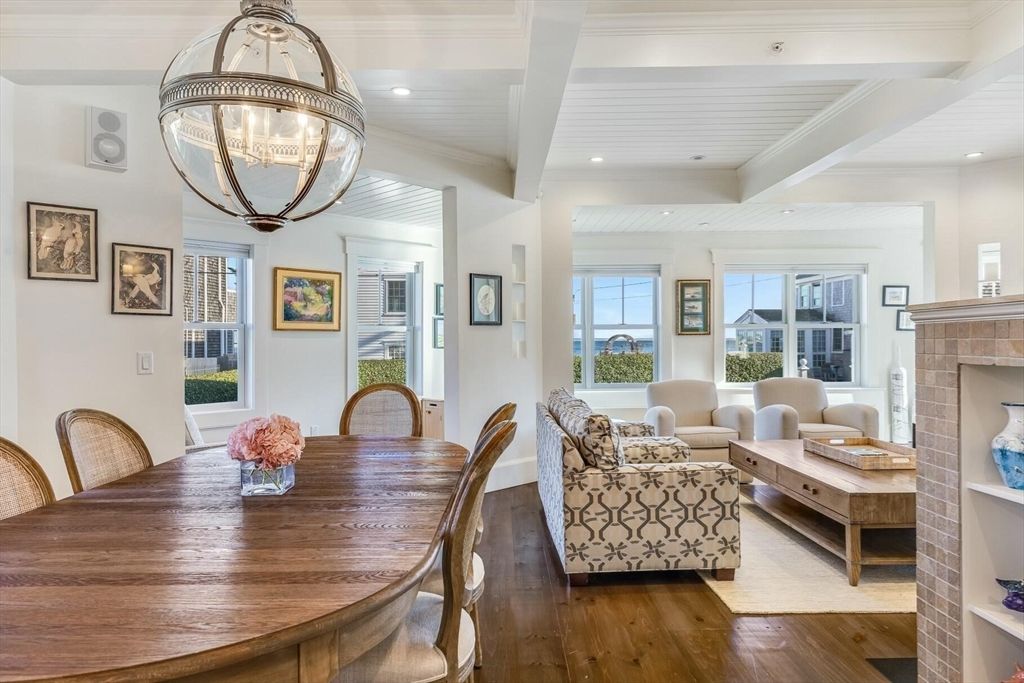 Dining room, Fireplace, Interior, Living room, Pendant Lights, Recessed Lighting, Wood Texture Flooring