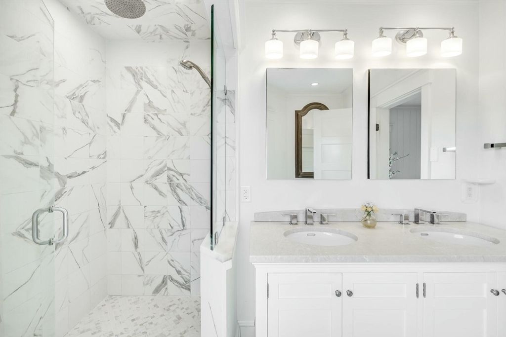 Bathroom, Dual Sink Vanities, Glass Shower, Interior, Marble Walls