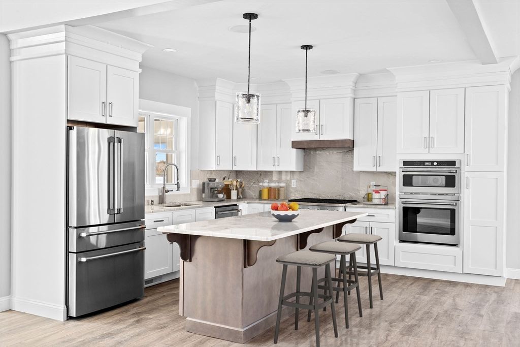 Interior, Kitchen, Pendant Lights, Recessed Lighting, Stainless Steel Appliances, Wood Texture Flooring