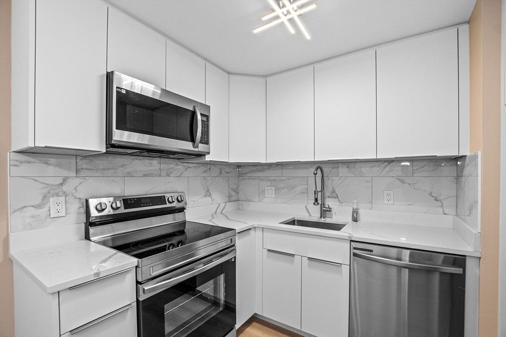 Interior, Kitchen, Marble Walls, Stainless Steel Appliances, Wood Texture Flooring