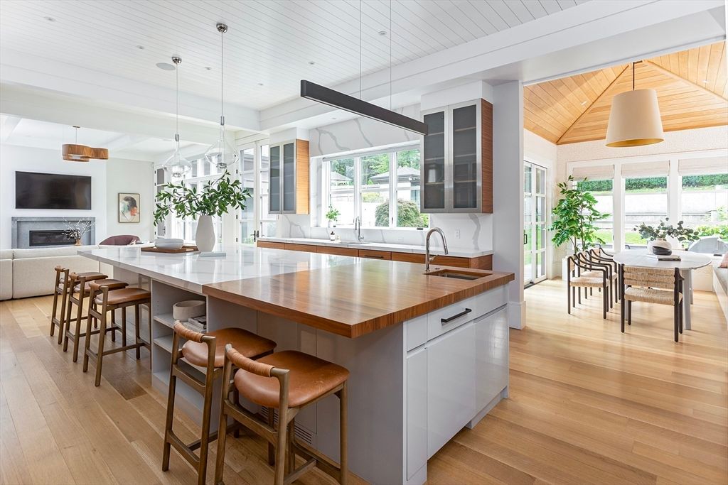 Dining room, Fireplace, Interior, Kitchen, Pendant Lights, Wooden Ceilings, Wood Texture Flooring