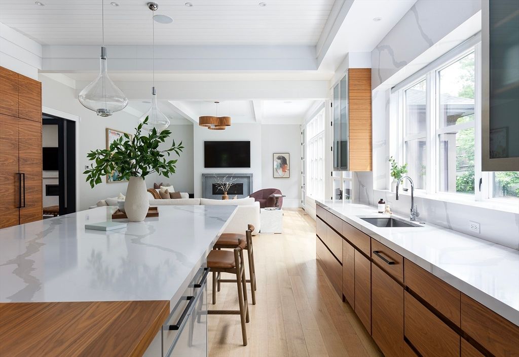 Fireplace, Interior, Kitchen, Living room, Pendant Lights, Recessed Lighting, Wood Texture Flooring