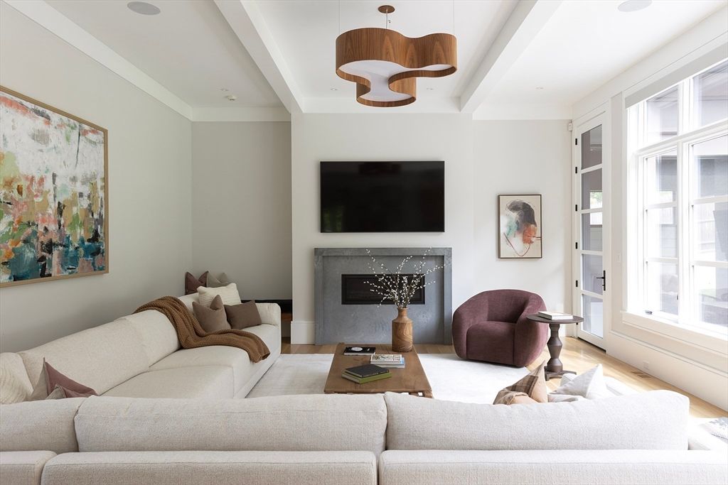 Fireplace, Interior, Living room, Pendant Lights, Wood Texture Flooring