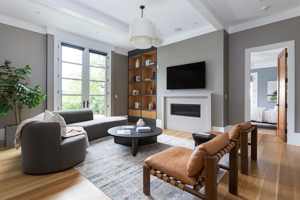 Fireplace, Interior, Living room, Recessed Lighting, Wood Texture Flooring
