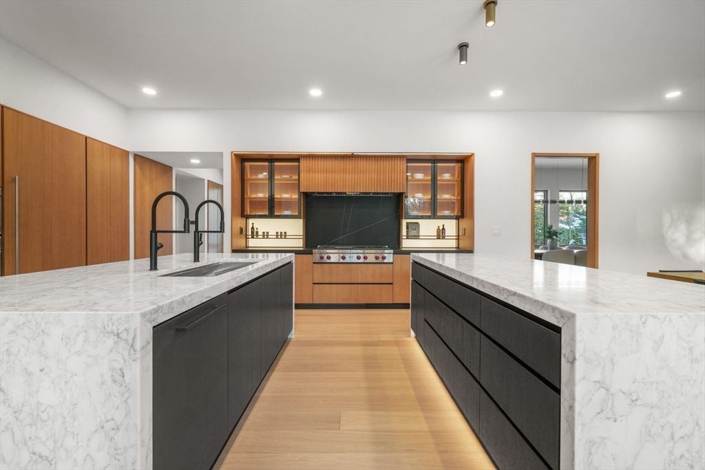 Interior, Kitchen, Marble Walls, Recessed Lighting, Wood Texture Flooring