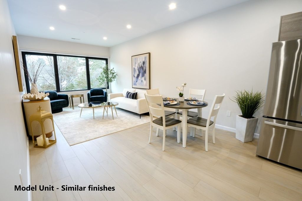 Dining room, Interior, Living room, Recessed Lighting, Wood Texture Flooring