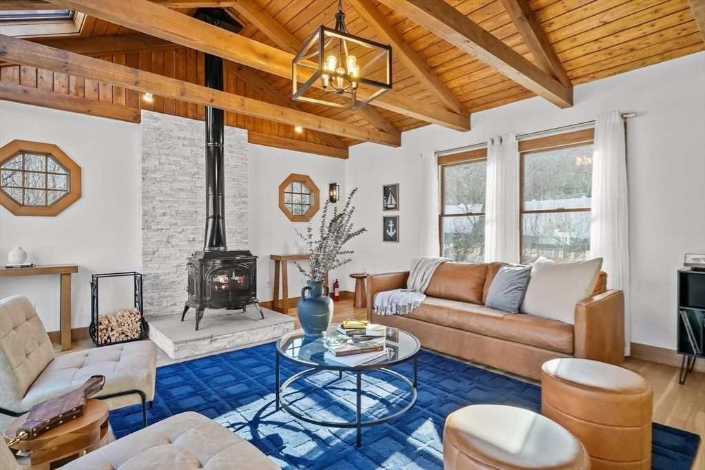 Fireplace, Interior, Living room, Pendant Lights, Wooden Beams, Wooden Ceilings, Wood Texture Flooring