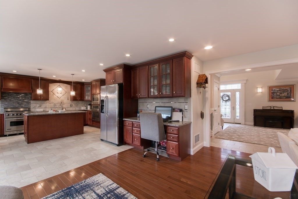 Home Office, Interior, Kitchen, Pendant Lights, Recessed Lighting, Stainless Steel Appliances, Wood Texture Flooring